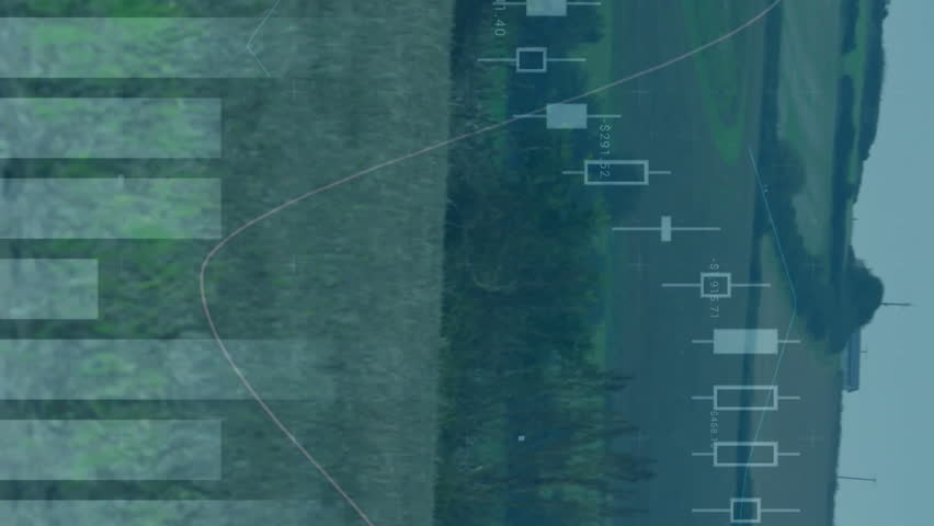 Financial data and stock market charts animation over wind turbines in landscape. Sustainability, finance, renewable, energy, technology, environment - Powered by Shutterstock - Get 15% off with code: PIKWIZARD15