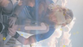 Animation of numbers increasing, connected dots over caucasian man tying shoelace on steps. Digital composite, multiple exposure, growth, fitness, exercise, communication and active lifestyle. - Powered by Shutterstock - Get 15% off with code: PIKWIZARD15