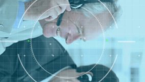 Animation of scope scanning over diverse business people using phone headsets. Global business, finances and digital interface concept digitally generated video. - Powered by Shutterstock - Get 15% off with code: PIKWIZARD15