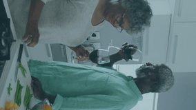 Animation of data processing over senior african american couple preparing dinner in kitchen. Lifestyle, computing and digital interface concept digitally generated video. - Powered by Shutterstock - Get 15% off with code: PIKWIZARD15