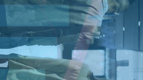 Animation of arrow on falling graph, diverse coworkers discussing while walking out of office. Digital composite, multiple exposure, report, business, planning, teamwork, loss and reduction concept. - Powered by Shutterstock - Get 15% off with code: PIKWIZARD15