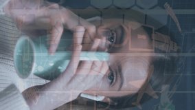 Animation of network of connections and data over caucasian woman smiling and waving at camera. global connections, technology and digital interface concept digitally generated video. - Powered by Shutterstock - Get 15% off with code: PIKWIZARD15