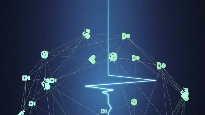 Animation of globe of connections with icons over cardiograph on black background. Global technology, connections and digital interface concept digitally generated video. - Powered by Shutterstock - Get 15% off with code: PIKWIZARD15