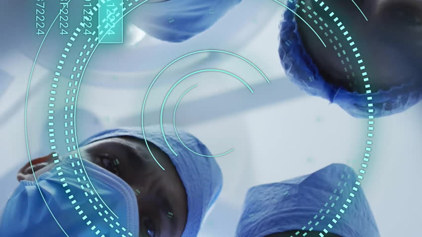 Animation of scope scanning and data processing over diverse surgeons in operating theatre. Global medicine, healthcare, computing and digital interface concept digitally generated video. - Powered by Shutterstock - Get 15% off with code: PIKWIZARD15