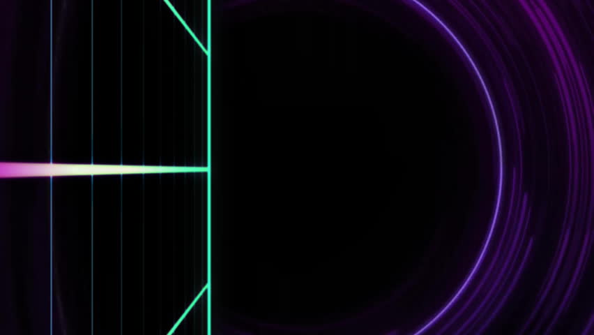 Neon grid floor and glowing purple tunnel, retro-futuristic animation background. 80s, vaporwave, synthwave, cyberpunk, vibrant, technology