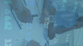 Animation of financial data processing over diverse colleagues having meeting in office. Global business, finances, computing, communication and digital interface concept digitally generated video. - Powered by Shutterstock - Get 15% off with code: PIKWIZARD15