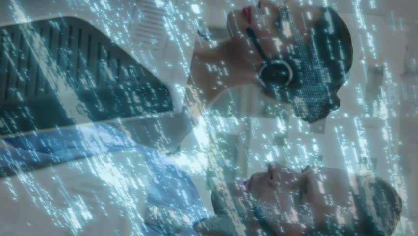 Animation of digital interface and data processing over business people wearing phone headsets. Global business finances connections and digital interface concept digitally generated video. - Powered by Shutterstock - Get 15% off with code: PIKWIZARD15