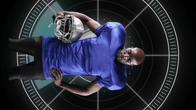 Animation of african american male rugby player over scope scanning on black background - Powered by Shutterstock - Get 15% off with code: PIKWIZARD15