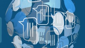 Animation of icons and speech bubble forming globe on blue background. social media and communication interface concept digitally generated video. - Powered by Shutterstock - Get 15% off with code: PIKWIZARD15