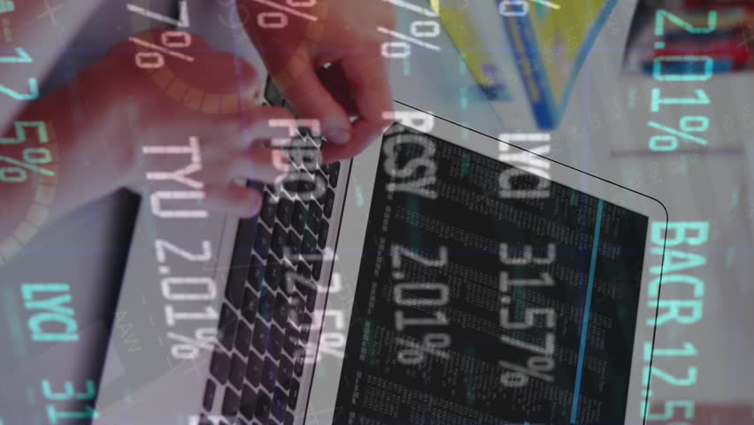 Animation of stock market data processing over rear view of caucasian girl using laptop at school. Global economy and education technology concept - Powered by Shutterstock - Get 15% off with code: PIKWIZARD15