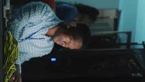 Animation of social media icons over african american male engineer using laptop at server room. Social media networking and business data storage technology concept - Powered by Shutterstock - Get 15% off with code: PIKWIZARD15