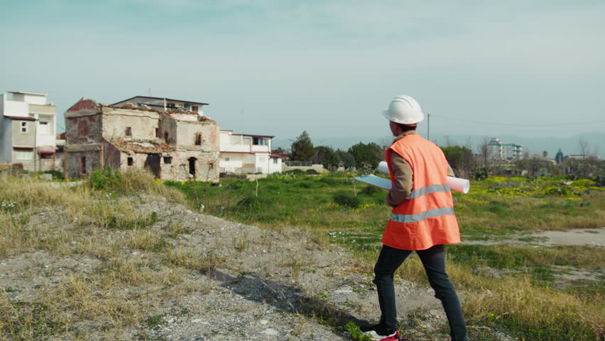 Engineer Walking On An High Spot To Watch The Construction Site From Above 