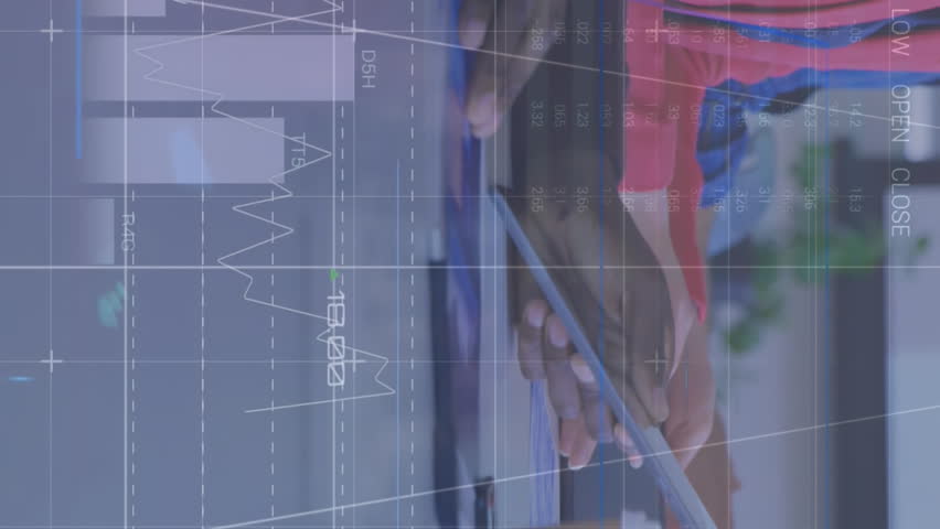 Animation of infographic interface over diverse coworkers discussing reports on desk in office. Digital composite, multiple exposure, business, growth, progress, global, teamwork and technology. - Powered by Shutterstock - Get 15% off with code: PIKWIZARD15