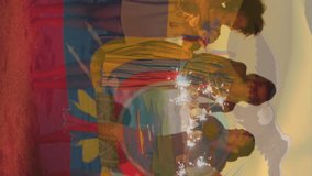 Animation of flag of ecuador waving over diverse friends enjoying at beach with sparklers. Digital composite, multiple exposure, togetherness, friendship, freedom, government and patriotism concept. - Powered by Shutterstock - Get 15% off with code: PIKWIZARD15