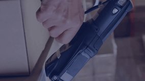 Animation of icons and data processing over caucasian man working in warehouse. Global shipping, business, connections, computing and data processing concept digitally generated video. - Powered by Shutterstock - Get 15% off with code: PIKWIZARD15