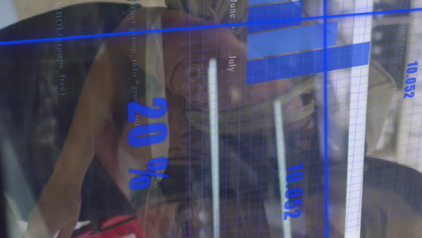 Animation of financial data processing over woman in grocery store. Global finance, business, connections, computing and data processing concept digitally generated video. - Powered by Shutterstock - Get 15% off with code: PIKWIZARD15