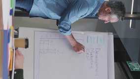 Animation of notification bars over diverse manager explaining strategy to coworkers on whiteboard. Digital composite, multiple exposure, business, teamwork, planning, social media reminder concept. - Powered by Shutterstock - Get 15% off with code: PIKWIZARD15