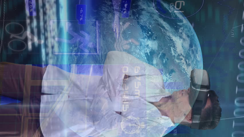 Animation of businessman wearing vr headset over screens with medical data processing. Global science technology and data processing concept digitally generated video. - Powered by Shutterstock - Get 15% off with code: PIKWIZARD15