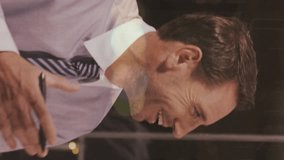 Animation of financial graphs over happy diverse businesspeople talking in office. business, network, connections, technology and digital interface digitally generated video. - Powered by Shutterstock - Get 15% off with code: PIKWIZARD15