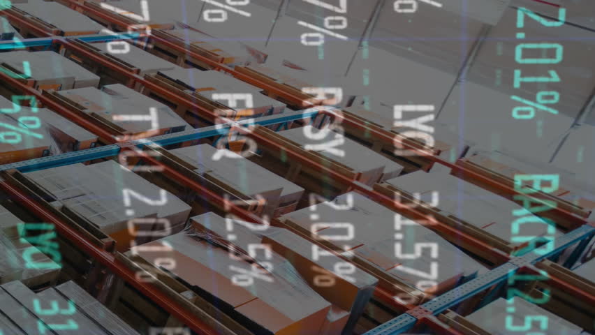 Animation of stock market and financial data processing over empty warehouse. global shipping, delivery and connections concept digitally generated video. - Powered by Shutterstock - Get 15% off with code: PIKWIZARD15