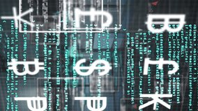 Animation of currency symbol and data processing on black background. Data processing, finance and digital currency concept digitally generated video. - Powered by Shutterstock - Get 15% off with code: PIKWIZARD15