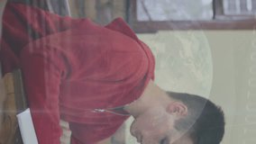 Animation of globe rotating with graphs over multiracial student studying in classroom. Digitally generated, globalization, data, education, childhood, school and technology concept. - Powered by Shutterstock - Get 15% off with code: PIKWIZARD15