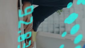 A businesswoman is working on a computer in an office. Data is being processed with a world map in the background. This video illustrates the concept of global data processing, graphs, and digital - Powered by Shutterstock - Get 15% off with code: PIKWIZARD15