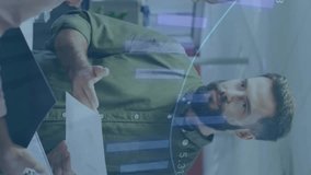 Animation of multiple graphs over multiracial coworkers discussing report in office. Digital composite, multiple exposure, report, finance, business, teamwork and communication concept. - Powered by Shutterstock - Get 15% off with code: PIKWIZARD15