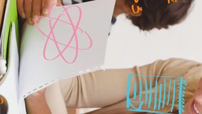 Animation of school icons over caucasian female teacher with diverse schoolchildren. Global education, learning, connections, digital interface and data processing concept digitally generated video. - Powered by Shutterstock - Get 15% off with code: PIKWIZARD15