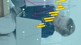 Animation of financial data processing over caucasian schoolchildren with laptop. Global education, business, finances, computing and data processing concept digitally generated video. - Powered by Shutterstock - Get 15% off with code: PIKWIZARD15