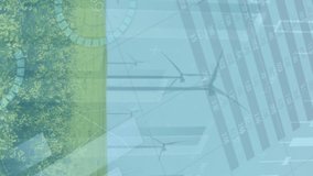 Animation of statistical data processing over spinning windmills on grassland against blue sky. Renewable energy and business data technology concept - Powered by Shutterstock - Get 15% off with code: PIKWIZARD15