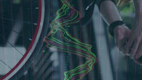 Animation of data processing against happy albino man with bicycle using smartphone on the street. Computer interface and business data technology - Powered by Shutterstock - Get 15% off with code: PIKWIZARD15