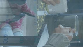 Animation of graphs and trading board, diverse couple sitting and enjoying coffee at home. Digital composite, multiple exposure, report, business, beverage, love, togetherness and stock market. - Powered by Shutterstock - Get 15% off with code: PIKWIZARD15