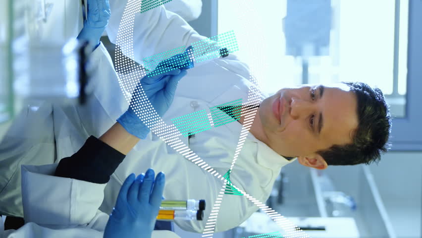 Animation of dna helix over diverse scientists discussing about sample in laboratory. Digital composite, multiple exposure, research, anatomy, molecule, teamwork, medical and healthcare concept. - Powered by Shutterstock - Get 15% off with code: PIKWIZARD15