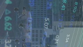 Animation of stock market data processing against aerial view of cityscape. Global economy and business technology concept - Powered by Shutterstock - Get 15% off with code: PIKWIZARD15
