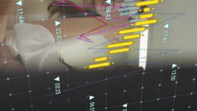 Animation of graph processing data over diverse female colleagues brainstorming at casual office. Business, connection, teamwork, digital interface and communication, digitally generated video. - Powered by Shutterstock - Get 15% off with code: PIKWIZARD15