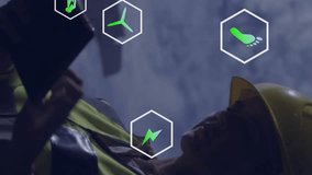 Animation of eco icons and data processing over caucasian female architect. Global environment, finance, business, connections, computing and data processing concept digitally generated video. - Powered by Shutterstock - Get 15% off with code: PIKWIZARD15