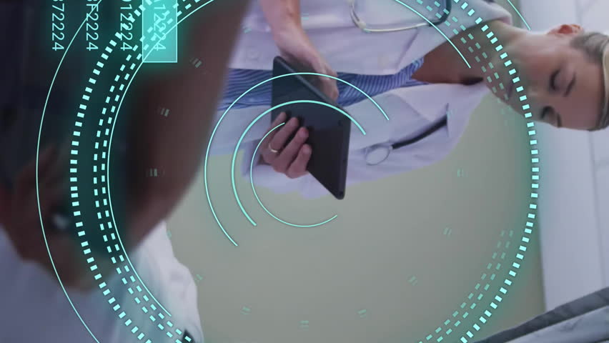 Animation of scope scanning and data processing over diverse doctors and patient in hospital. Global medicine, healthcare, computing and digital interface concept digitally generated video. - Powered by Shutterstock - Get 15% off with code: PIKWIZARD15