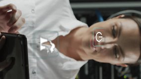 Animation of eco icons and data processing over caucasian businesswoman by computer servers. Global environment, connections, computing and data processing concept digitally generated video. - Powered by Shutterstock - Get 15% off with code: PIKWIZARD15