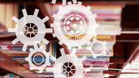 Gears and cogs animation over person reading book in library. Learning, knowledge, mechanics, innovation, technology, education - Powered by Shutterstock - Get 15% off with code: PIKWIZARD15
