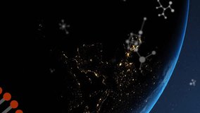 Molecular structures and DNA strand animation over Earth from space. Biotechnology, genetics, molecular biology, science, research, technology - Powered by Shutterstock - Get 15% off with code: PIKWIZARD15