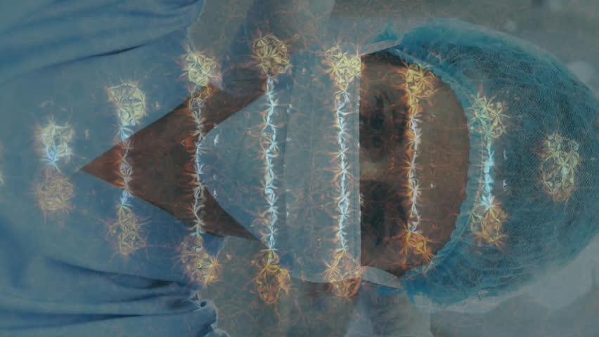 Animation of dna strand over caucasian female surgeon in face mask. global science, medicine and healthcare services concept digitally generated video. - Powered by Shutterstock - Get 15% off with code: PIKWIZARD15