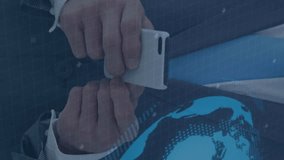 Animation of globe, graphs and 6g over hands of caucasian businessman using smartphone. Business, network, communication and technology concept digitally generated video. - Powered by Shutterstock - Get 15% off with code: PIKWIZARD15