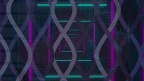 Animation of shapes over data processing and neon tunnel on black background. Global technology, computing and digital interface concept digitally generated video. - Powered by Shutterstock - Get 15% off with code: PIKWIZARD15