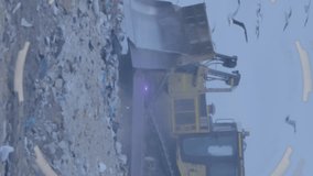 Animation of scanning interface screen over birds flying around bulldozer and garbage at landfill. Digital composite, multiple exposure, infographic, recycling, pollution, waste management. - Powered by Shutterstock - Get 15% off with code: PIKWIZARD15