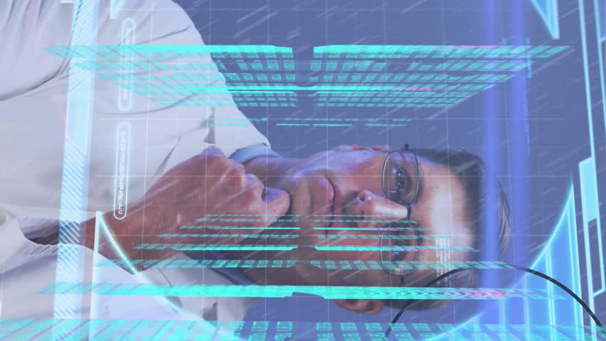Animation of male scientist behind interactive computer screen processing medical data. Global technology, science and medicine concept. - Powered by Shutterstock - Get 15% off with code: PIKWIZARD15