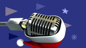 Animation of santa hat on vintage microphone and snow falling on blue background. christmas, tradition and celebration concept digitally generated video. - Powered by Shutterstock - Get 15% off with code: PIKWIZARD15