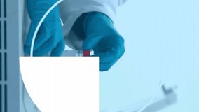 Animation of dna helix over pie chart over caucasian scientist placing liquid in machine. Digital composite, multiple exposure, coding, molecule, medical, healthcare and technology concept. - Powered by Shutterstock - Get 15% off with code: PIKWIZARD15