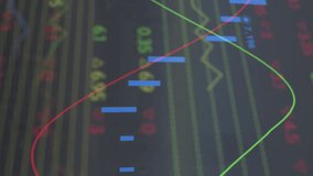 Animation of multiple graphs over trading board against radars and computer language. Digitally generated, hologram, illustration, stock market, report, business, coding and technology concept. - Powered by Shutterstock - Get 15% off with code: PIKWIZARD15