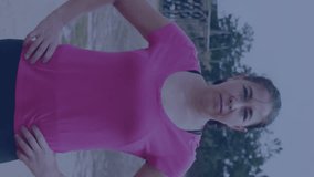 Animation of scanner processing energy data over mature caucasian woman at boot camp training. Data, digital interface, fitness and healthy lifestyle, digitally generated video. - Powered by Shutterstock - Get 15% off with code: PIKWIZARD15